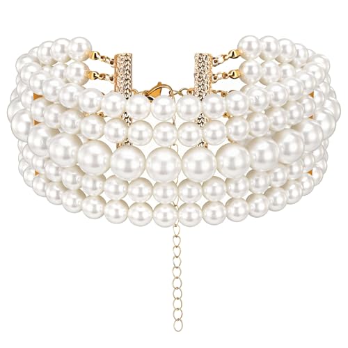 Yolev 5 Layers Boho Round Imitation Pearl Choker Necklace Vintage Multi Strands Pearl Collar Pearl Choker Necklaces for Women Bridal Wedding 20s Flapper Themed Party