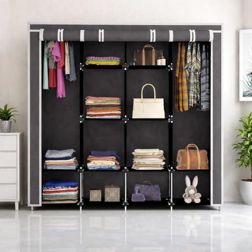 Image of Whitecloud Portable Collapsible Wardrobe, 12-Shelf Foldable Almirah with Fancy Layer Racks | Grey Cloth Storage Cupboard & Plastic Frame Organizer (88370)