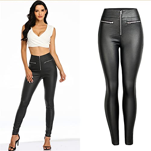 Black Pu Zipper Leather Pants High Waist Stretch Faux Leather Women Pencil Trousers 2XL3