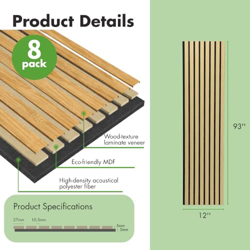 Image of Art3d 12 inch x 93 inch Acoustic Wood Slat Wall Panel, 8 pcs, 62 sq.ft, Oak