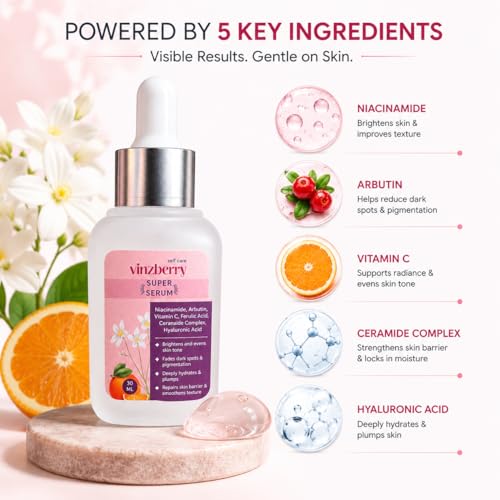 Image of VINZBERRY 5-in-1 Super Serum with Niacinamide, Arbutin, Vitamin C, Ferulic Acid, Ceramide Complex, Hyaluronic Acid | Brightens and Evens Skin Tone, Anti Aging, 30 ml Pack of 1
