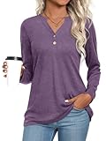 CATHY Womens Long Sleeve Shirts Dressy Casual Henley Tops Fall Fashion 2026 V Neck Button Up Blouses, 2XL, Shallow Purple