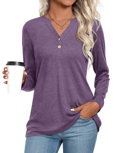 CATHY Womens Long Sleeve Shirts Dressy Casual Henley Tops Fall Fashion 2026 V Neck Button Up Blouses, 2XL, Shallow Purple