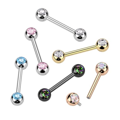Pierced Owl 14GA ASTM F-136 Implant Grade Titanium Internally Threaded CZ Crystal Ball Ends Nipple Barbells, Sold as a Pair2