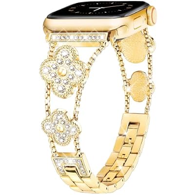 Gold Lucky Clover Band Compatible with Apple Watch Bands 38mm 40mm 41mm 42mm 44mm 45mm 46mm 49mm Thin Bracelet Jewelry Metal Strap for iWatch Series 11 10 9 8 7 6 5 4 3 SE Dressy Women Watch Band