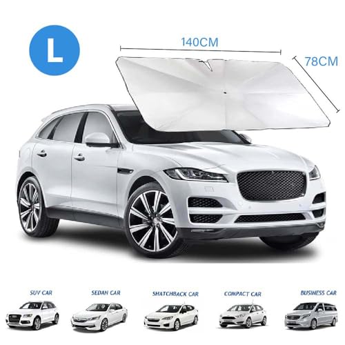 Regenschirm Sonnenschutz für Autoscheibe 140×80 cm mit Zugring Reflektierende Beschichtung, Schützt vor Hitze Einfache Anwendung - Titanium Silver