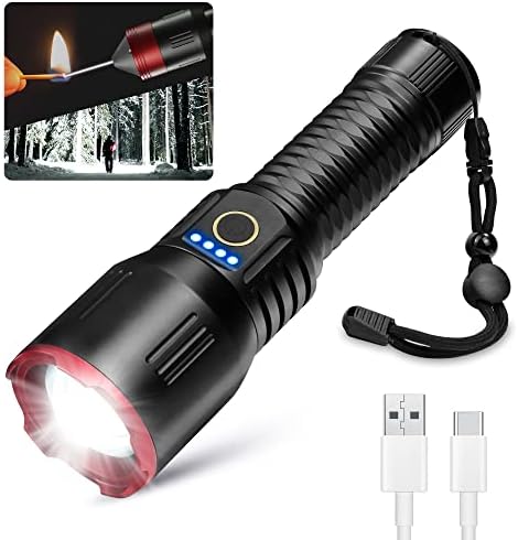 TEQDOT LED Flashlights 900000 High Lumens Rechargeable Flashlight Zoomable 3 Modes Super Bright IPX6 Waterproof Black Handheld Flashlights Fire Starter with Focus Head for Camping Hiking Outdoor Gift