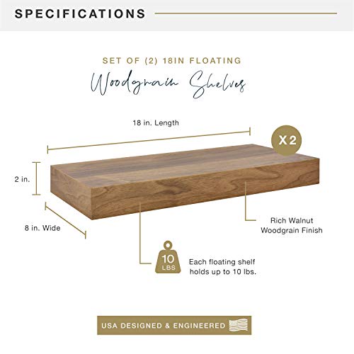 Image of MCS Floating Shelf, Room Decor Wooden Shelf, Walnut Woodgrain, 18 x 8 Inch, Set of 2