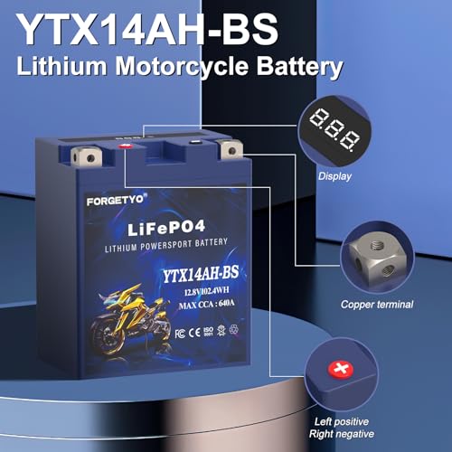 Image of Lithium Motorcycle Battery, Forgetyo YTX14AH-BS 12V 8AH 640A LiFePO4 Lithium Battery, ATV, UTV, Jet Ski Battery