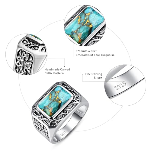 5CT 8X12mm Radiant Cut Teal Turquoise Ring/Created Mens Black Onyx 925 Sterling Silver Mens Ring Cocktail Rings Celtic Pattern Pinky Thumb Ring Band for Dad Father Size 7-123