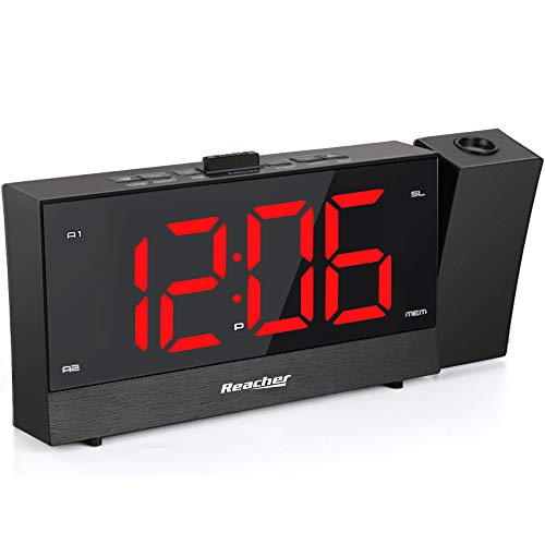 REACHER Projection Alarm Clock Radio with Dual Alarm USB Sleep Timer 0-100 Dimmer and Snooze Time Option for Bedroom