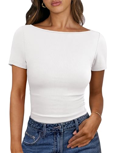 ANRABESS Women Boat Neck Tops Short Sleeve T-Shirts Ribbed Knit Tight Fitted Basic Tees Shirts 2025 Summer Clothes