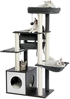 PAWZ Road Wooden Cat Tree Platform Design Modern Cat Tree with Hanging Tunnel 130 cm Grey