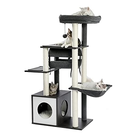 PAWZ Road Wooden Cat Tree Platform Design Modern Cat Tree with Hanging Tunnel 130 cm Grey Cover