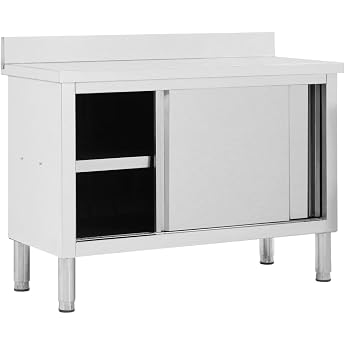 HUAKEHOM Work Cabinet with Sliding Doors Work Table Worktop Stainless Steel Cabinet Gastro Cabinet Sliding Door Cabinet 120 x 50 x 95-97 cm Stainless Steel