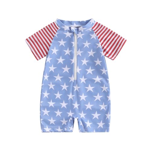 Rtnnsbbfcm Toddler Baby Boys 4th of July Swimsuit Short Sleeve Star Stripe Zipper Rash Guard Swimwear Bathing Suit (Blue, 12-18 Months)