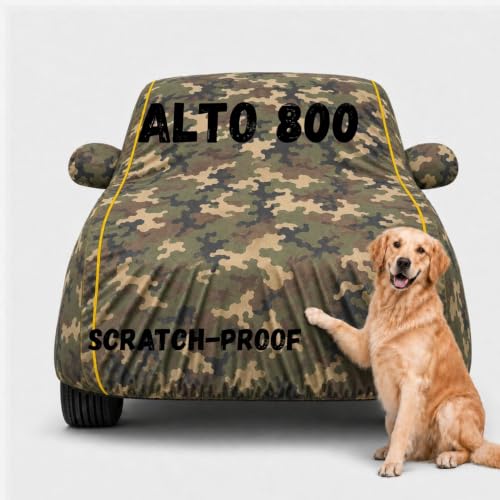 Image of Waterproof Car Cover for Alto 800 | Soft Cotton Lining Heavy Duty Triple Stitched Heat Resistant Outdoor Cover Comes with Mirror and Antenna Pocket Full Bottom Elastic (Zig Zag Jungle)