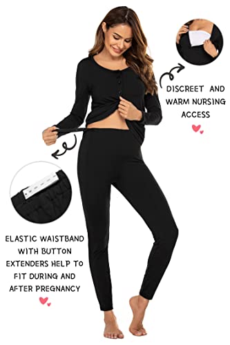 Ekouaer Maternity Thermal Underwear For Women Ultra Soft Smooth Knit Henley Long Johns Set Base Layer Top & Bottom (Black Xxl) #TOP1