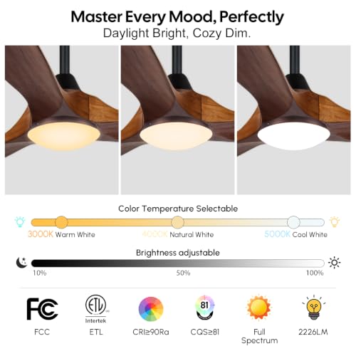 Image of 52 inch Ceiling Fans with Lights, 3 Solid Wood blade Fan