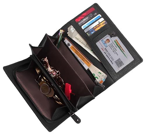 Image of WildHorn Women's Genuine Leather RFID Blocking Wallet | Tri-Fold High-Capacity Ladies Purse with Card Slots, Zipper Coin Pocket & Snap Closure | Ideal Gift for Women (Black)