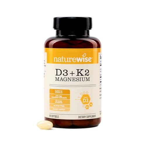 NatureWise Vitamin D3 K2 Magnesium Glycinate 275mg - Extra Strength Vitamin D3 5000IU + K2 50mcg - High Absorption Chelated Magnesium - Bone Support - Non-GMO USA Manufactured - [90 Day Supply]