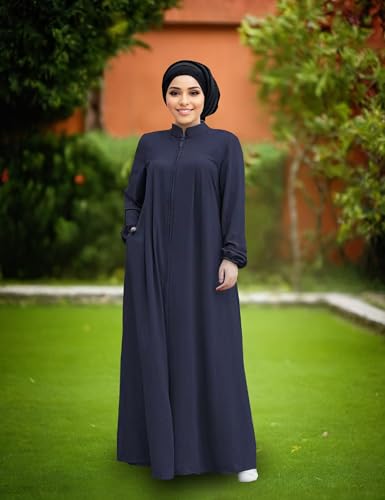 Image of Womens Muslim Abaya Dress Front Zipper 2 Pockets Long Sleeve Prayer Islamic Clothes with Hijab Cap