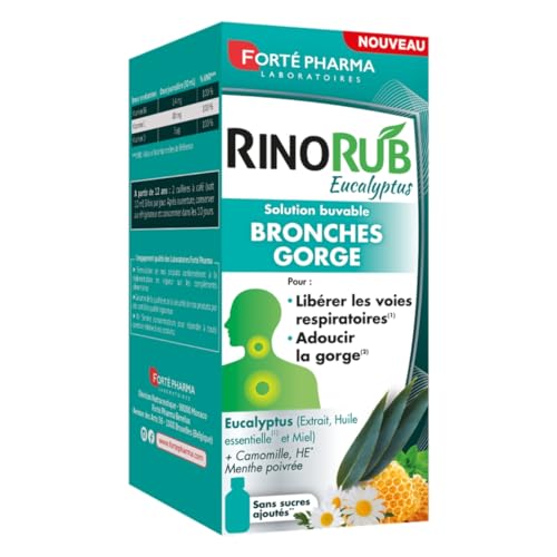 Forté Pharma - RinoRub Solution buvable Bronches-Gorge - Complément alimentaire - Maux de gorge, Gorge irritée, Bronches - Huile essentielle d'Eucalyptus et de Menthe Poivrée - Flacon 125ml