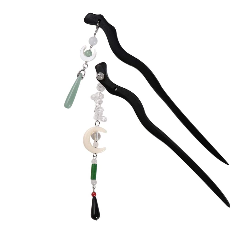 Leadigol 2 Pcs Chinese Hair Sticks,Vintage Wooden Hairpin Handmade Hair Chopsticks with Moon Pendant,Classic Hair Fork Hair Accessories for Women