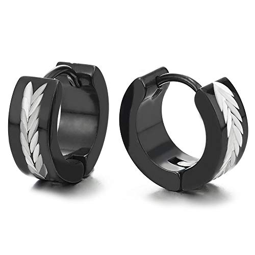 2 Plata Negro Pendientes del Aro con Espiga de Trigo Patrones Láser, Pendientes para Hombres Mujer, Acero Inoxidable
