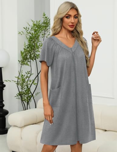Image of Ekouaer Women Robe Zipper Front Mumu Duster Robes Zip Up Housecoat Soft Sleepwear with Pockets