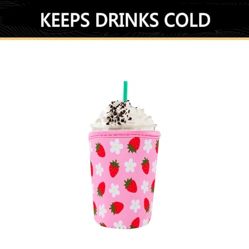 Image of YR Reusable Neoprene Insulator Sleeve for Iced Coffee Cups, 3 Pack Coffee Coolies sleeves for Iced & Hot Drinks, Cold Beverage Cooler Compatible with Starbucks Coffee and More (Strawberry)