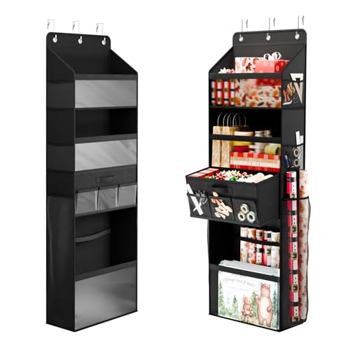 WERNNSAI Geschenkpapier Organizer zum Aufhängen, Große Kapazität für Tür, mit abnehmbaren Schubladen & elastischen Bändern, Hängende Tasche für Geschenkband, Schleifen und Deko, 133x42x17 cm