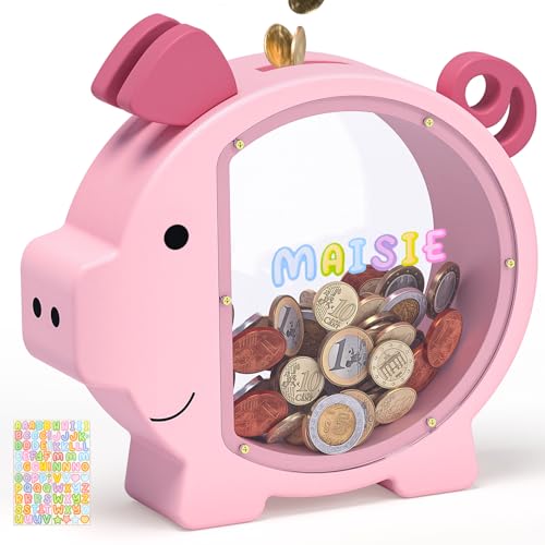 Image of Piggy Bank for Kids Girls, Pink Kids Piggy Bank with Creative DIY Stickers