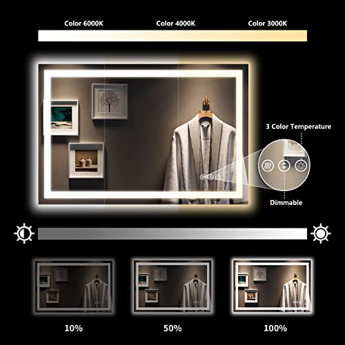 Image of 48x32 Inch LED Bathroom Mirror with Lights Front and Backlit Lighted Vanity Mirror for Bathroom Wall with 3 Colors Dimmable Anti-Fog Memory Shatter-Proof IP54 Waterproof Horizontal /Vertical