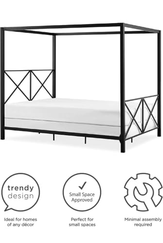 Image of Metal King Size Poster Bed Without Storage | Wrought Iron Canopy King Poster Bed Frame with Headboard & Footboard | Cot Without Storage | Metal Furniture for Bedroom, (Design 3-Black)