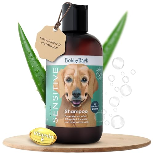 Bobby Bark Hundeshampoo Sensitiv Parfümfrei Sanfte Pflege bei Juckreiz mit Aloe Vera & Vitamin E pH neutral vegan & frei von Parabenen Ideal auch für Welpen Shampoo Hund - 250 ml