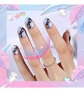 Press On Nails Short Almond, SHOWMORE Summer Colorful Fake Nails Medium Pastel Pink Blue Galaxy G...