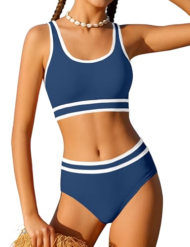 Girls Swimsuits Size 10-12 Girls Bathing Suits Dark Blue + White Adjustable Shoulder Strap High Waist Cute Sporty Kids Bikini Swim 3 Piece Swimwear Sets