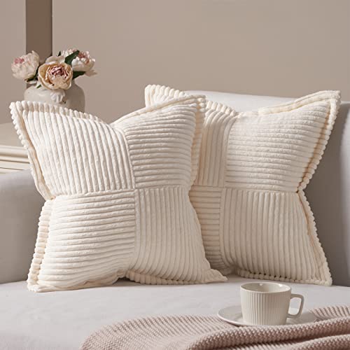 Topfinel Housse de Coussin Canapé 40x40 en Velours Côtelé Extra Doux Motif Croisé Décoration Salon Chambre Maison Lit Chaise Fauteuil Scandinave Boheme Moderne, Crème Blanc Lot de 2