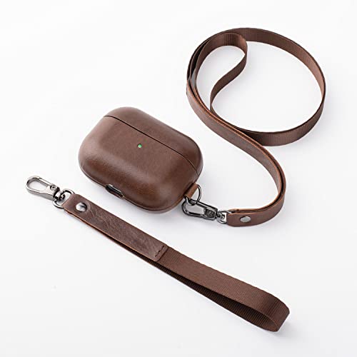 Cybotoon Luxury Leather Airpods Pro Case Cover With Hand Strip And Neck Lanyard, Genuine Top Layer Vegetable Tanned Cowhide (Horween Style Leather) Airpods Pro Leather Case For Men Women, Dark Brown #TOP1