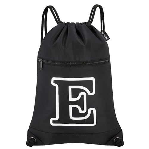 Image of HOLYLUCK Drawstring Bags Initial Backpack Sackpack Cinch Bags for Sports, Gym, Travel, Beach (Black-E)
