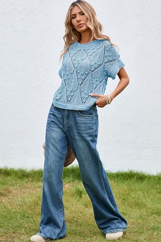 Image of Cakulo Womens Summer Crochet Boho Crop Tops Short Sleeve Lightweight Knit Sweater 2026 Beach Vacation Cruise Resort Wear