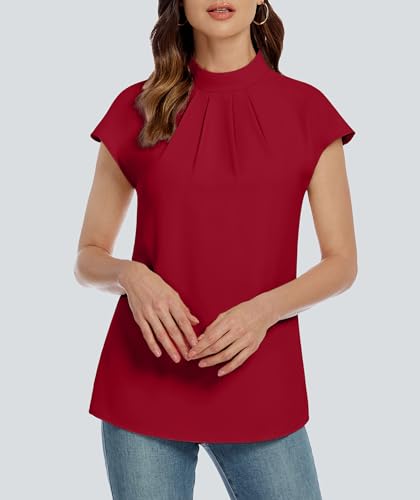 Image of Funlingo Womens Summer Tops Mock Neck Short Cap Sleeve Blouses Business Casual Work Chiffon Shirts Front Pleated Tunic Top
