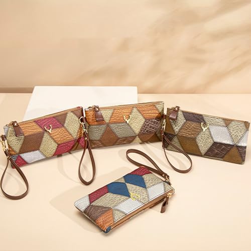 Fashion Small Square Handbag,Retro Color-Block Zipper Purse Wristlet Wallet PU Leather Pouch Large Capacity Clutch4