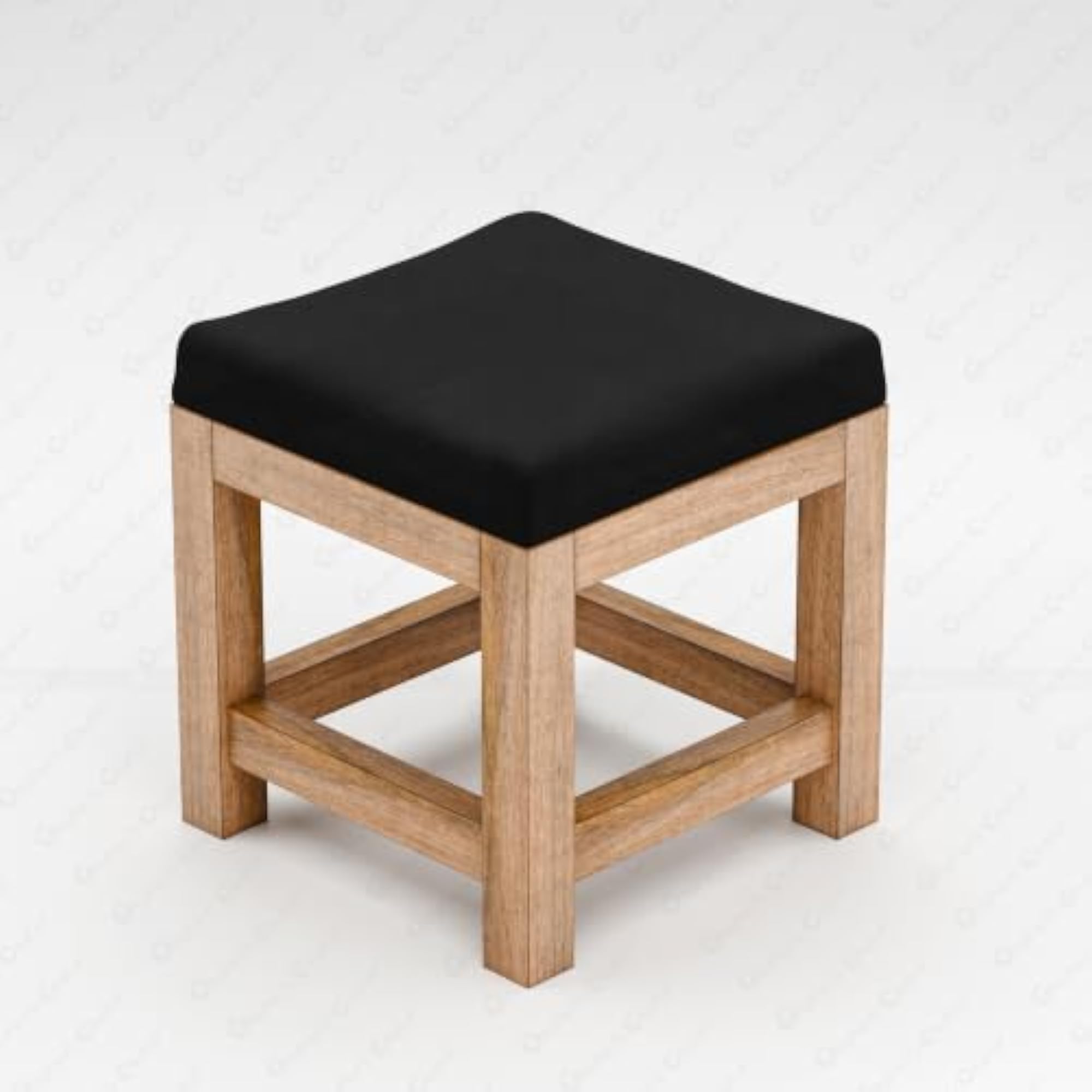 18 Inch Mango Wood Square Stool with Black Fabric Cushion
