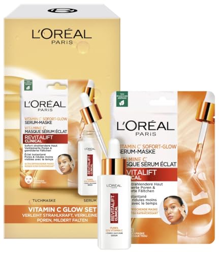 L'Oréal Paris RevitaLift Clinical Vitamin C Glow Set: Serum & Maske mit purem 12% Vitamin C für strahlende Haut und verfeinerte Poren
