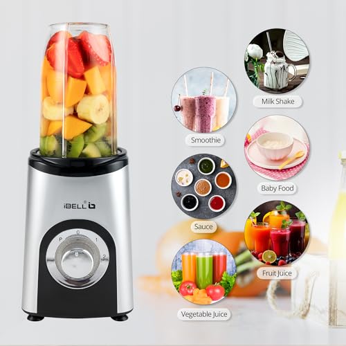 Image of iBELL Nutri Blender & Juicer Mixer Grinder for Home, 600W Powerful Copper Motor, 24,000 RPM, 5 Multi-Purpose Jars, 2 Stainless Steel Blades & 3 Speed Modes for Smoothies, Grinding & Blending (Silver)