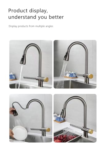 Image of B Backline Brass Waterfall Kitchen Sink Hot & Cold Mixer Tap /Faucet 360 Rotatable Pull Out Kitchen Faucet Multi-Function Dual Spray Head Technology /Kitchen Sink Tap (Grey Matt)