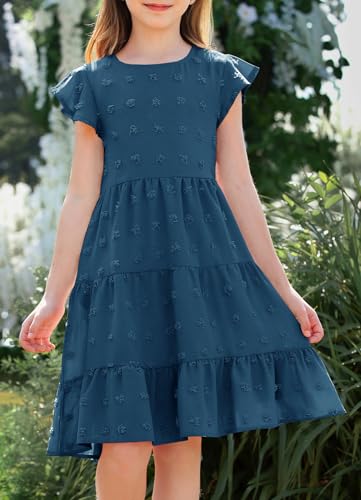 HOSIKA Girls Summer Cute Swiss Dot Flutter Sleeve Boho A Line Swing Tiered Casual Holiday Dress for 6-12 Years2
