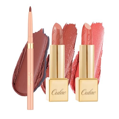 Oulac Lipstick & Lipliner Set 3PCS High Impact Lipcolor with Moisturizing Formula, Vegan Beauty, Full-Coverage Lip Color, Gift Lipstick for Women, LL05+05+GM12